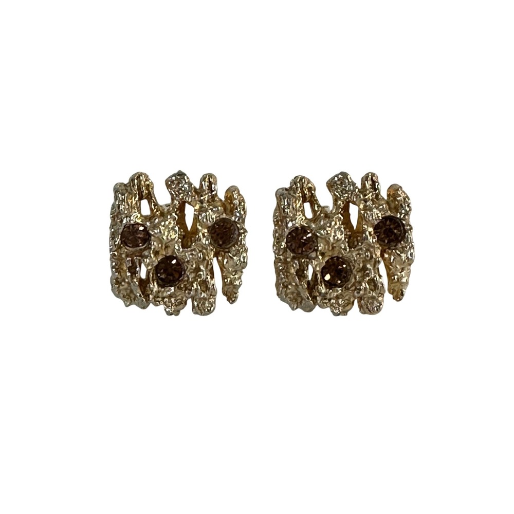 Vintage‎ Swank Cufflinks Gold Tone Brutalist Nugget Rhinestone 1970s Accessory